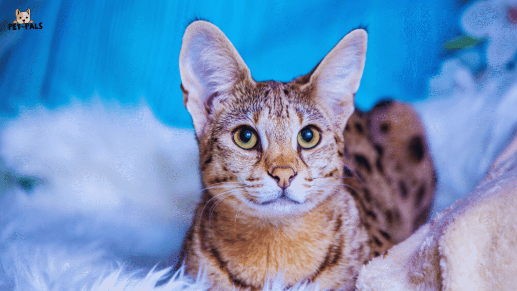 Savannah Cat sitting on a couch with golden coat and spots